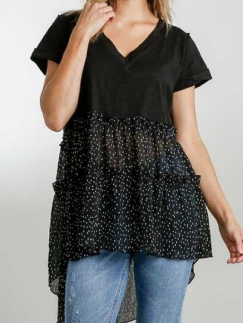 Umgee Black V-Neck Sheernpolka Dot Tunic Large